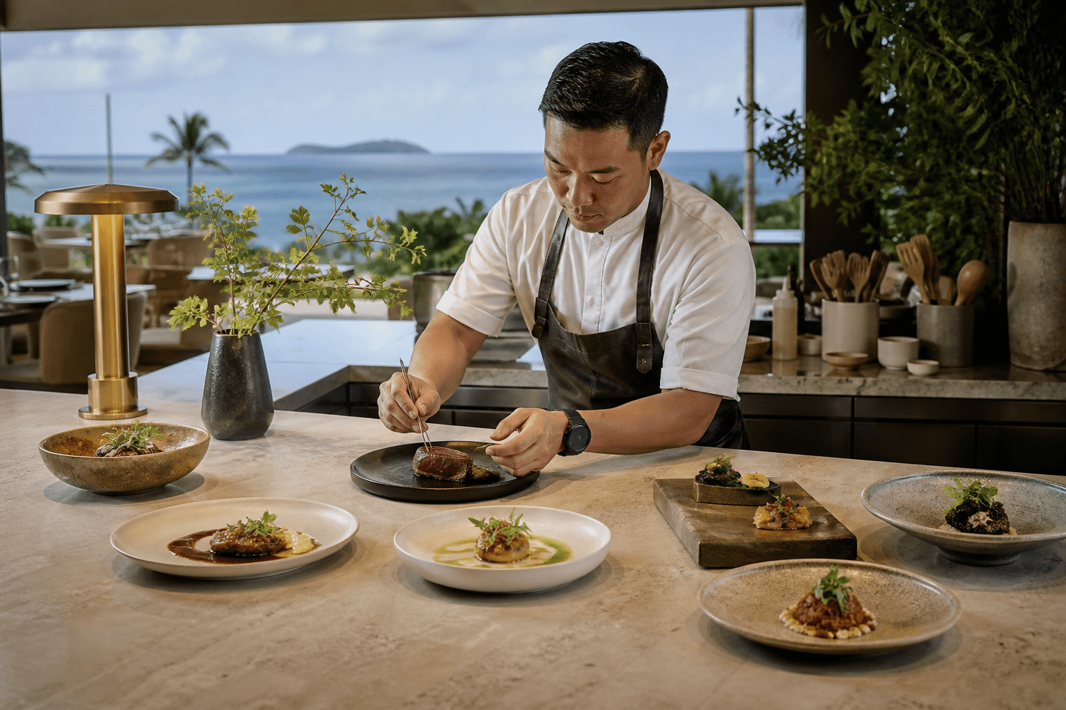 Tasting plates on a Wailea kitchen counter, Molokini faint, not a restaurant claim.