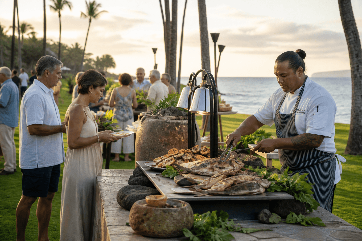 Hot stations on a Wailea lawn — grilled catch, a moving guest list, Pacific.