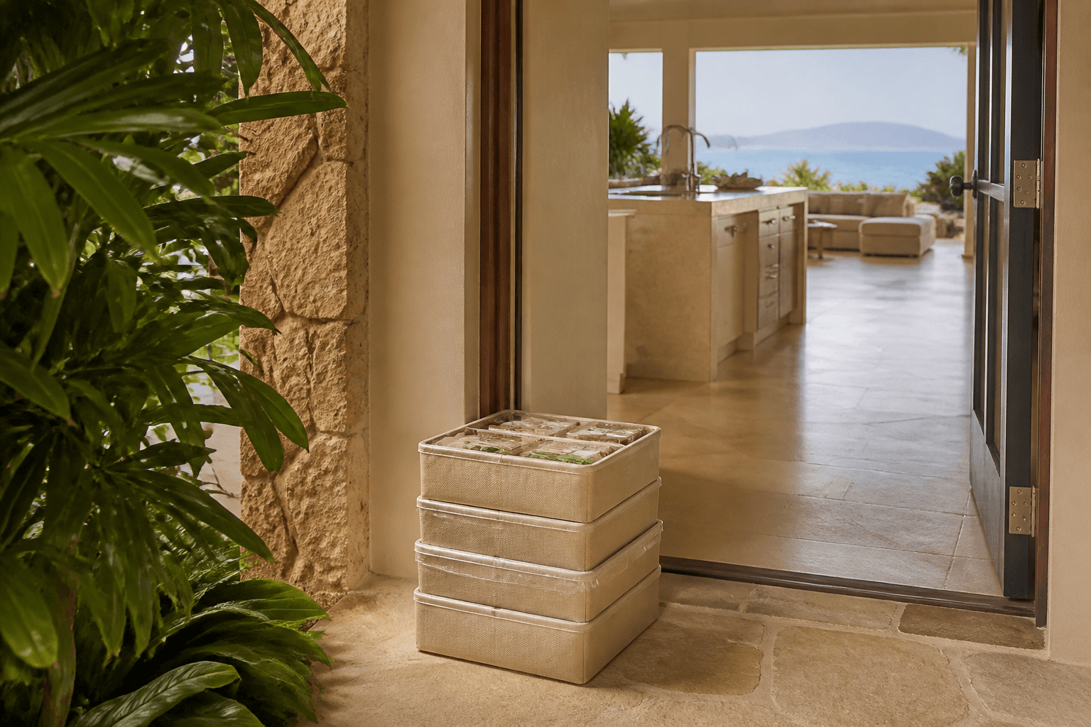 Trays at a Wailea villa door, empty kitchen behind — drop-off is not staffed service.