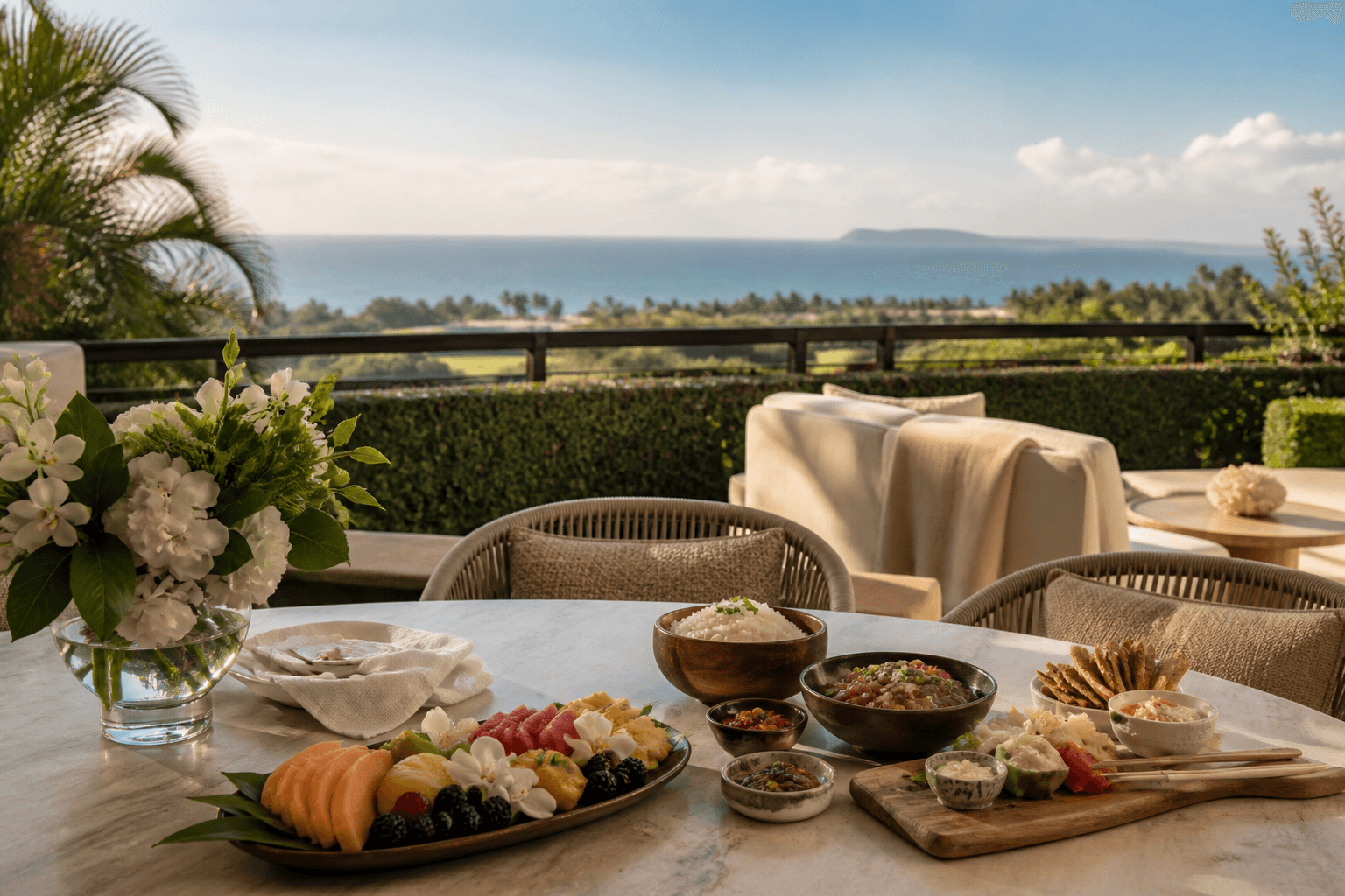 Grazing boards on a Wailea lānai — poke, fruit, travel clothes, Molokini faint.