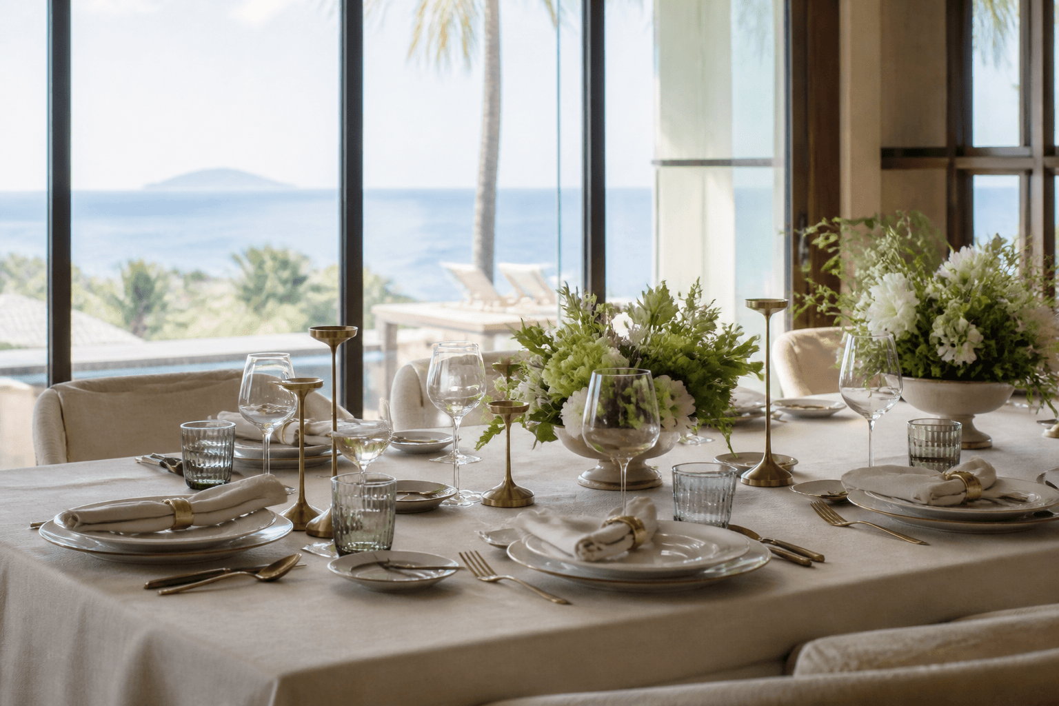 Coursed plates on a Wailea dining table, Molokini faint through the sliders.
