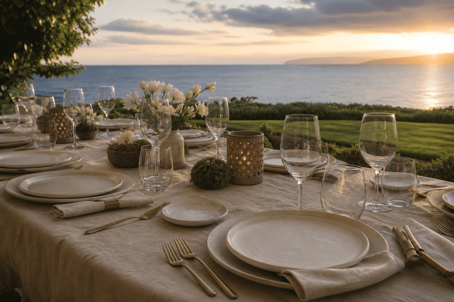 Unused ivory plates and extra glasses on a Wailea lawn table at west sunset.