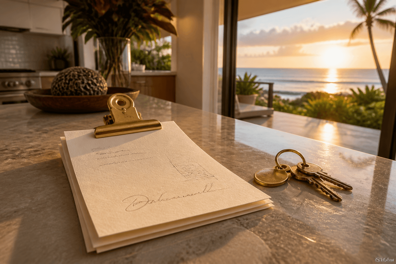 A brass clip holding a signed Maui quote on a Wailea counter, villa keys, west light.