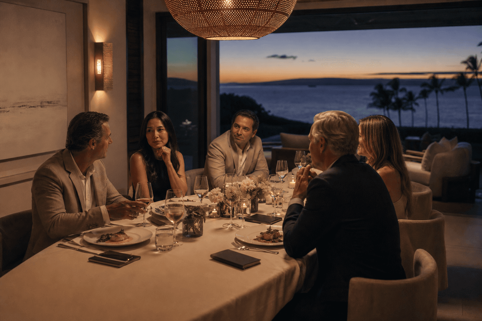 An executive dinner in a Wailea villa dining room — plated fish, laptops closed, Molokini faint.
