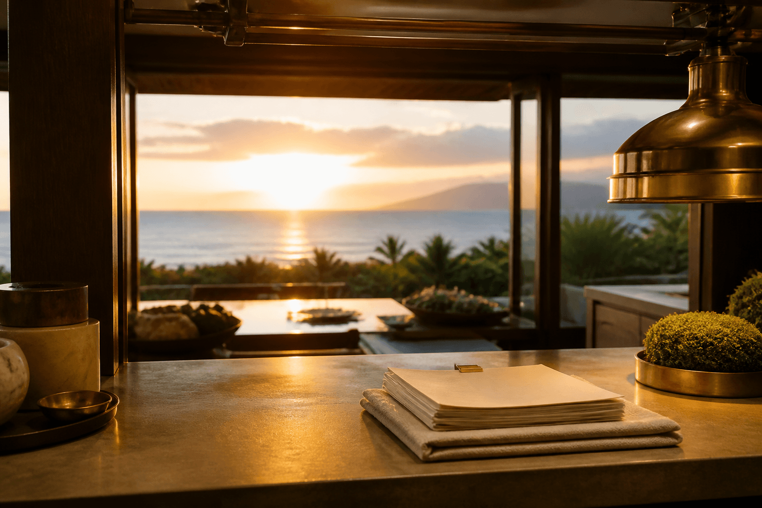 Unused ivory papers under a brass clip on a Wailea pass at west sunset, Pacific beyond.