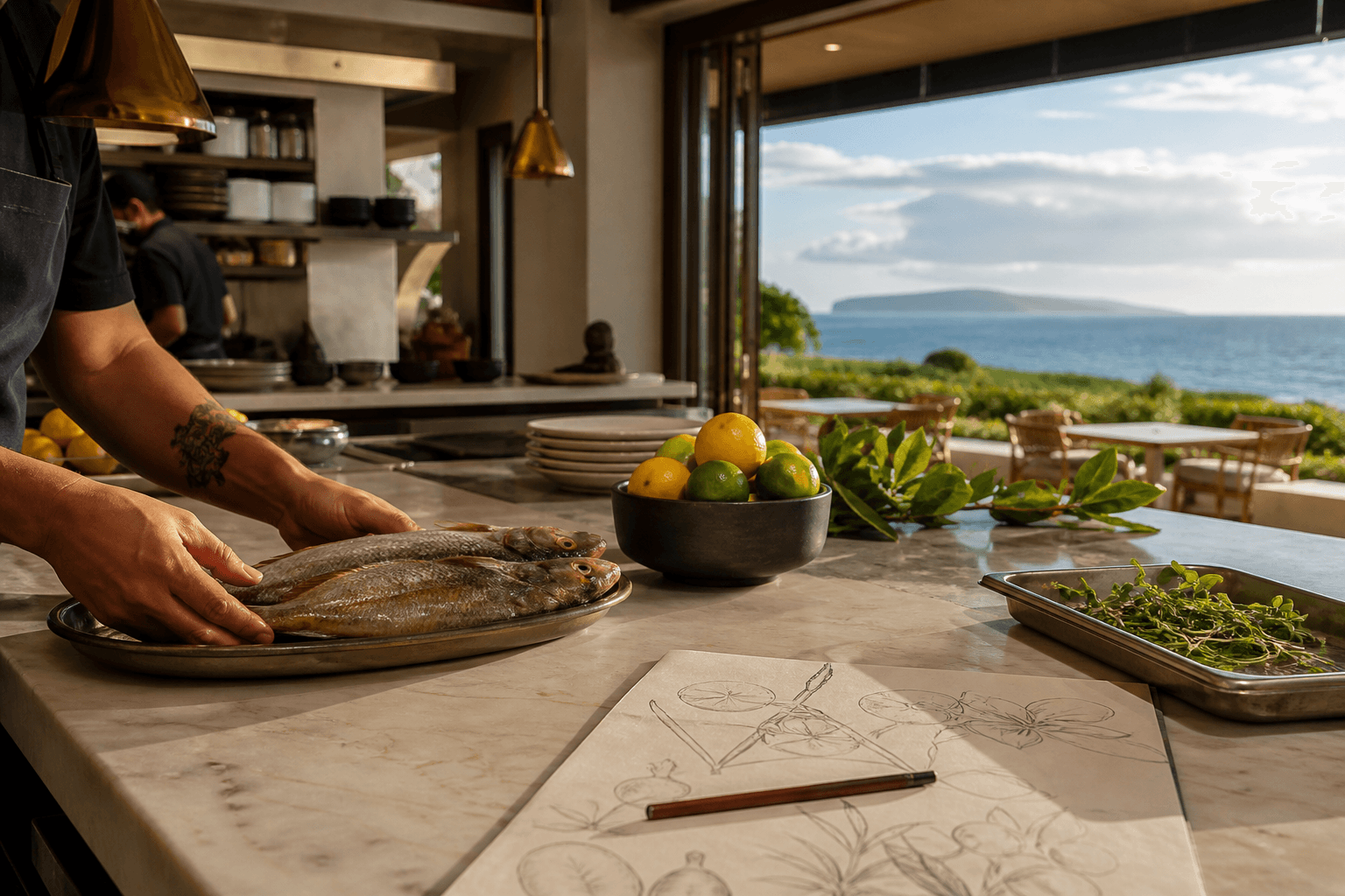 A Wailea kitchen pass with a pencil menu draft and whole fish, Pacific beyond.