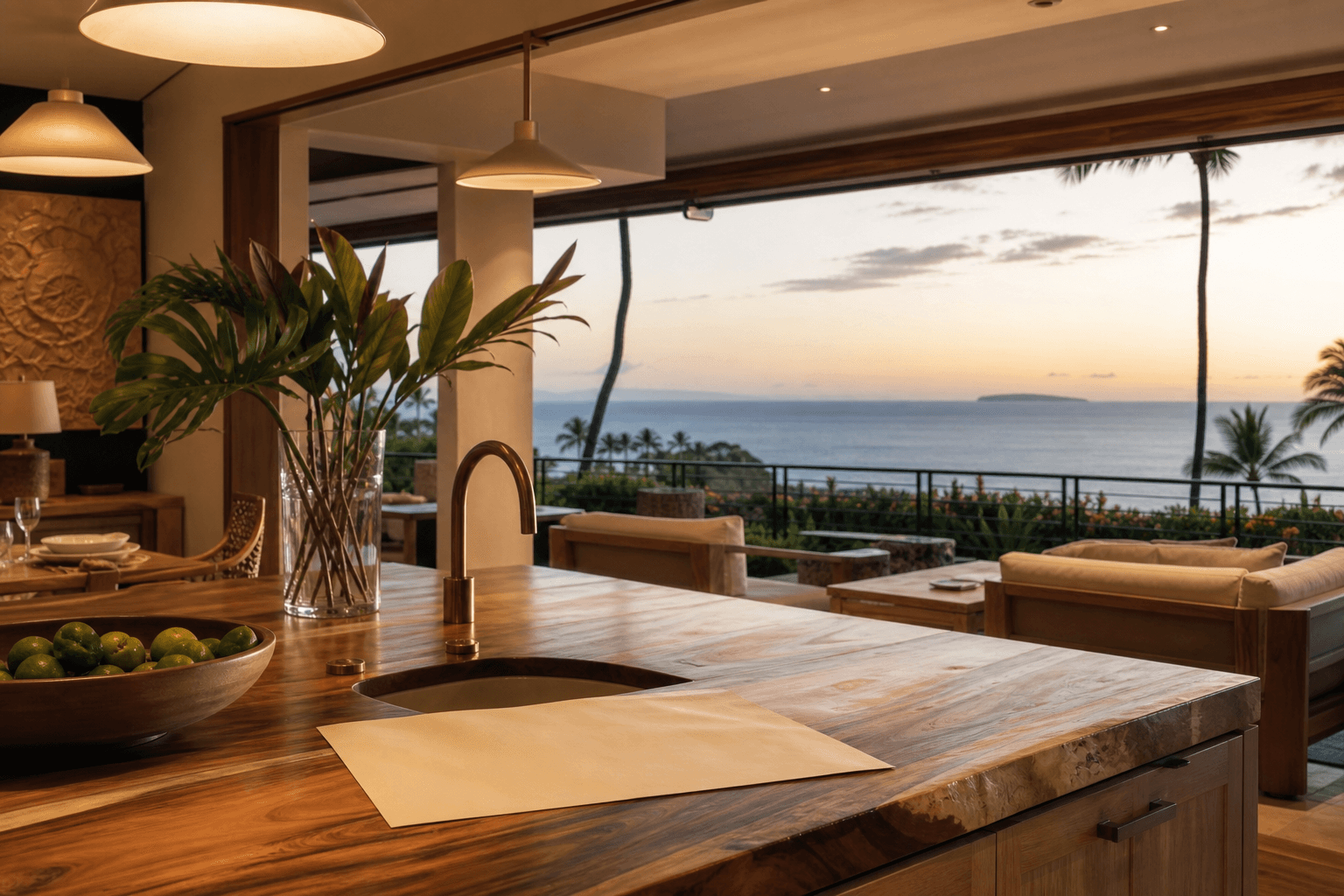 A Wailea villa kitchen counter with a quote sheet, Molokini faint beyond the lānai.