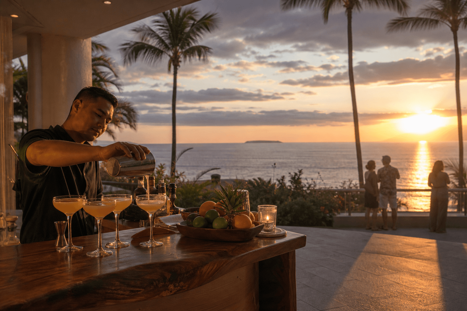 Maui villa terrace cocktail bar at west sunset in Wailea, Pacific beyond.