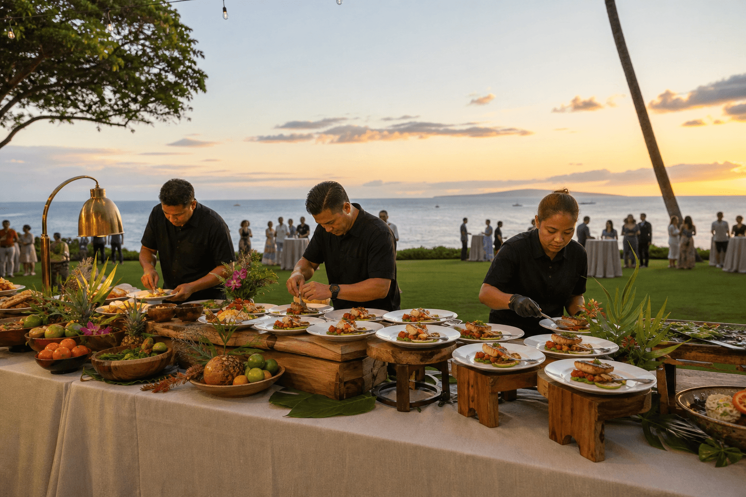 Staffed Wailea lawn catering at sunset — identical event plates, Pacific and a faint Molokini crescent.