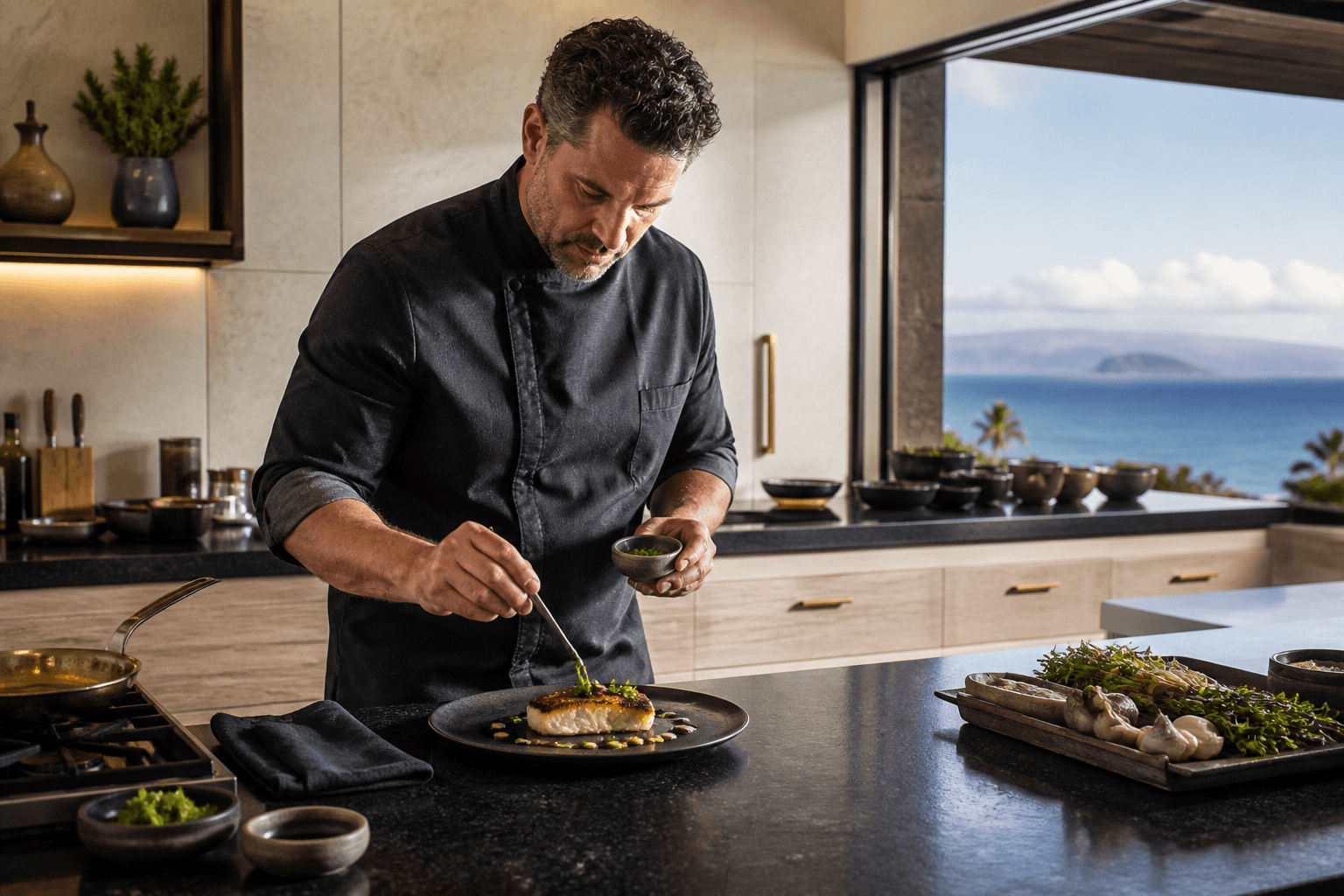 A personal chef finishing seared fish in a Wailea villa kitchen, ocean window, Molokini faint.