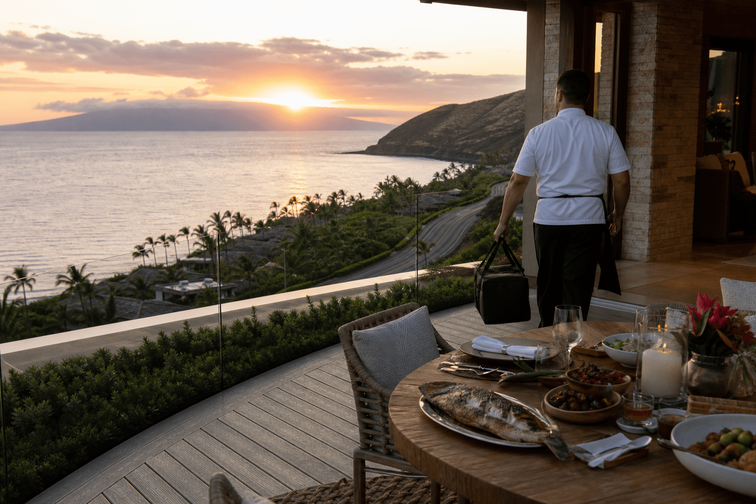 West Maui deck at sunset — chef carrying an insulated bag, Lānaʻi across the channel.