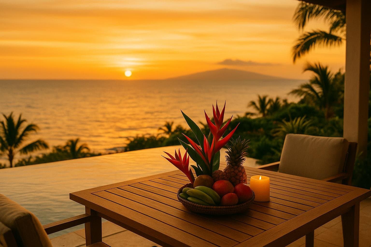 A Wailea villa terrace table at west-side sunset — heliconia, tropical fruit and a candle above an infinity pool.