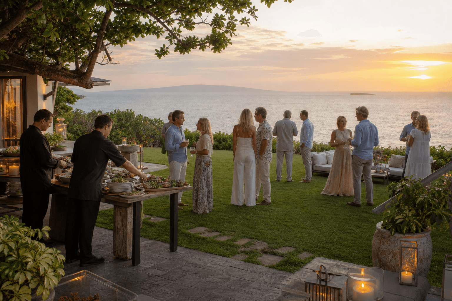 A Wailea villa lawn gathering at sunset — family-style fish, a small staffed guest list, Pacific beyond.