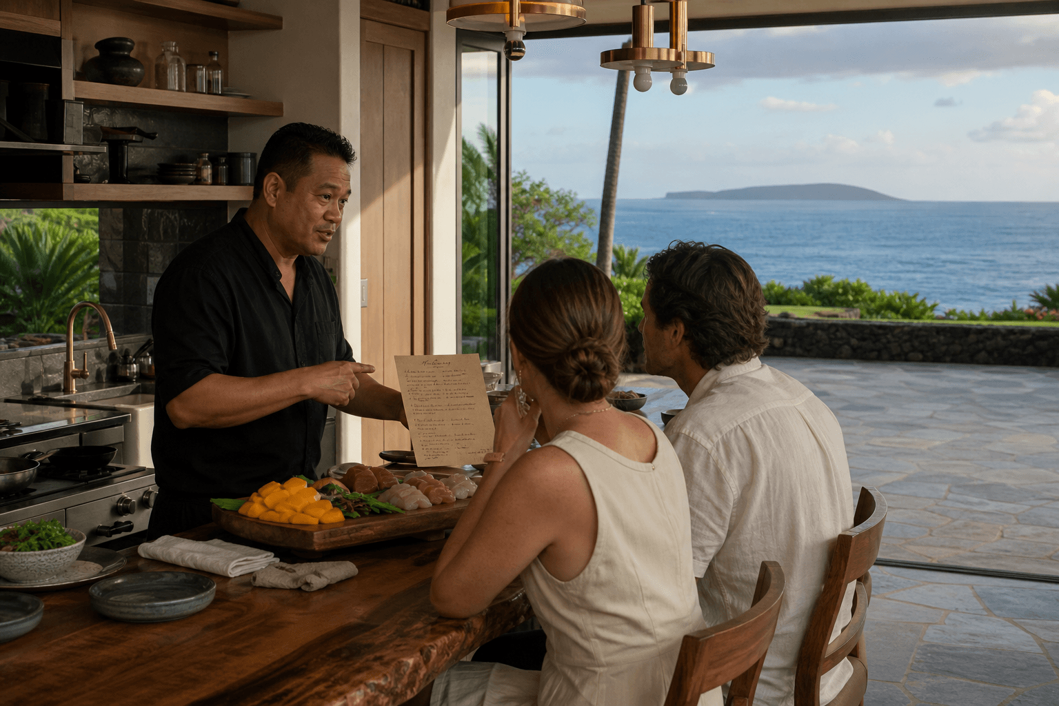 A Wailea open kitchen — chef and a couple reviewing the night at the counter, Molokini faint.