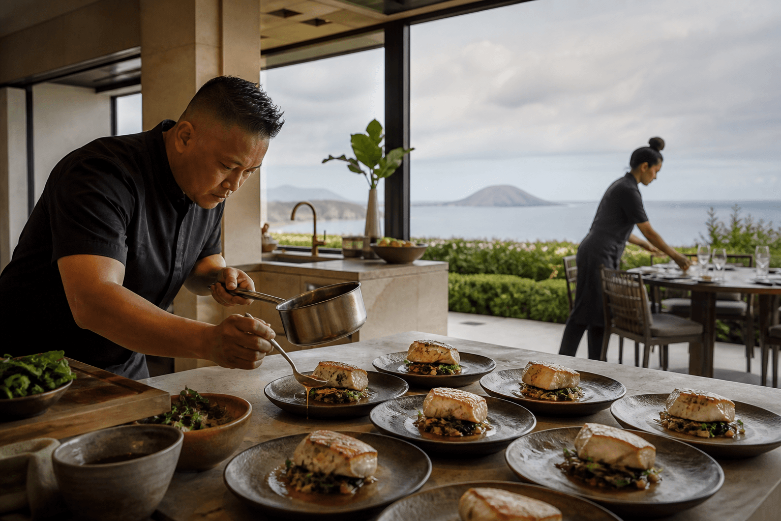 A Wailea brigade — one chef plating, one setting the lānai table, Molokini faint.