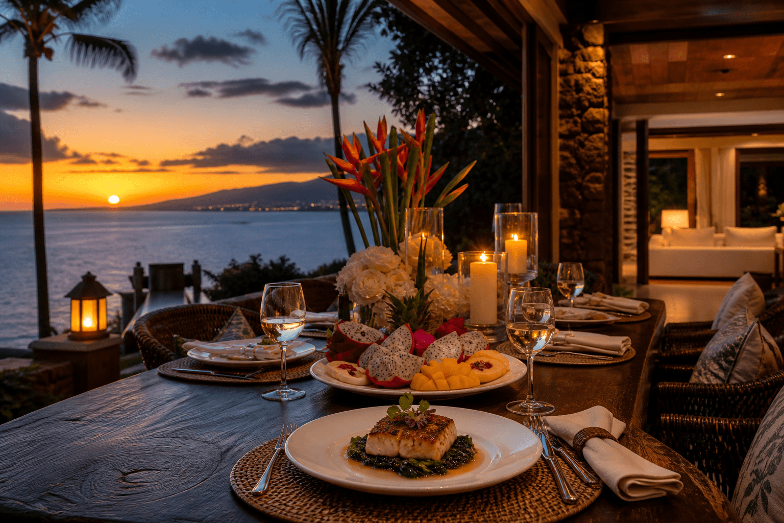Private chef Maui candlelit villa terrace at dusk — seared fish, heliconia, west-Maui sunset.