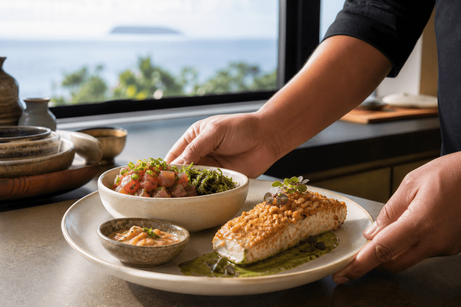 Ahi poke and macadamia-crusted catch on a Wailea counter, Molokini faint through the window.
