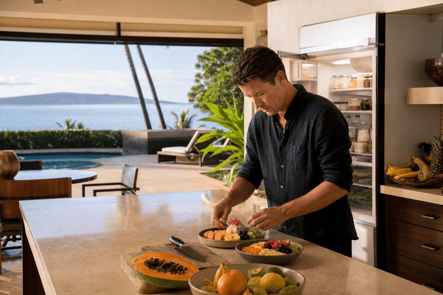 A Maui vacation chef packing a stocked fridge and plating breakfast fruit beside a Wailea pool.