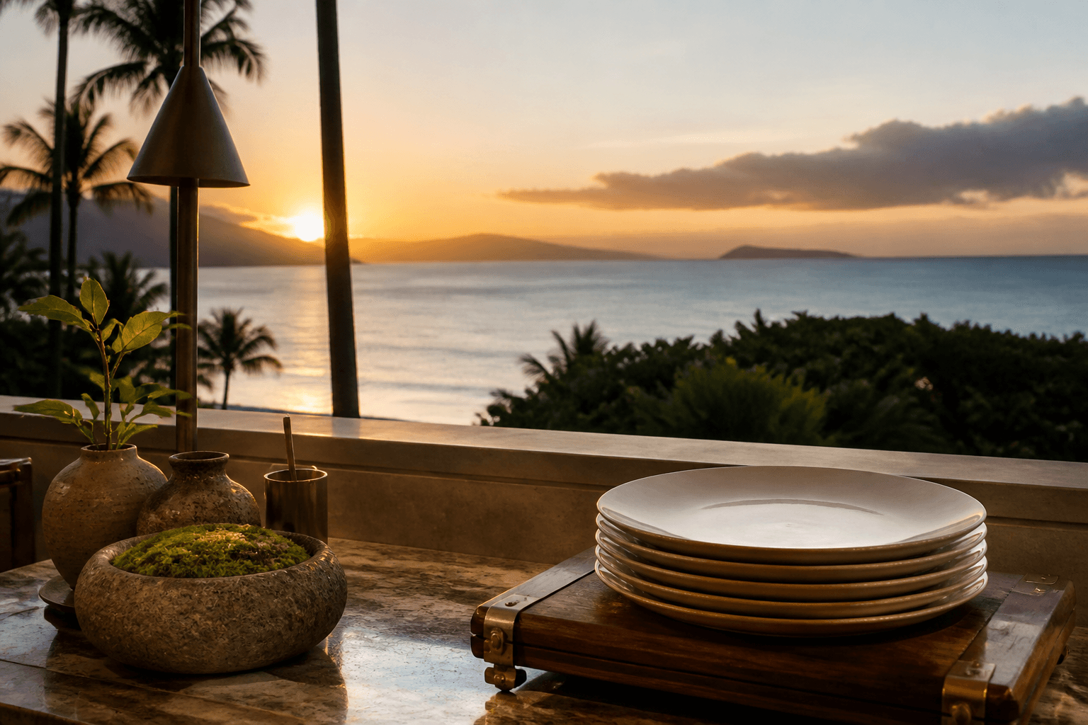 Unused ivory plates on a Wailea lānai pass at west sunset, open Pacific horizon.
