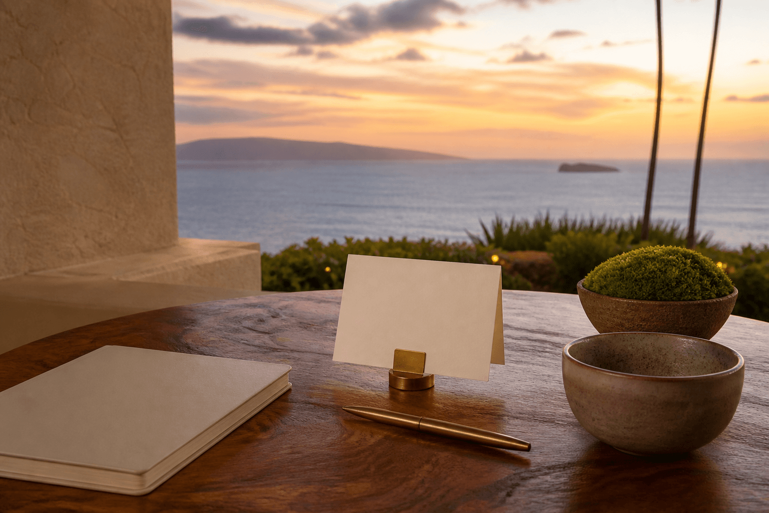 A blank cream card and brass pen on a Wailea lānai table, Pacific at west sunset.