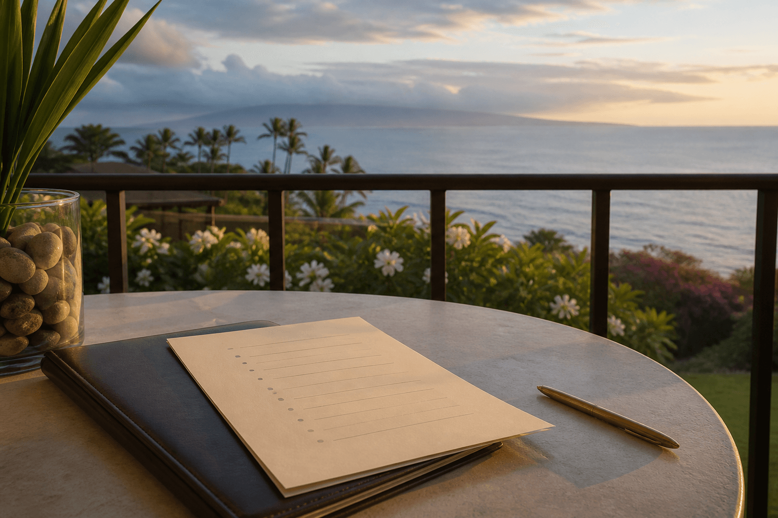 An itemised Maui quote draft on cream paper on a Wailea lānai table, Pacific beyond.