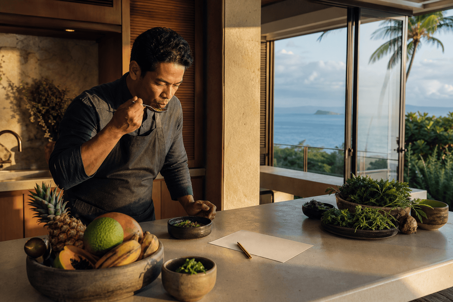 Blank cream paper and clay herb bowls on a Wailea lānai kitchen counter, Pacific beyond.