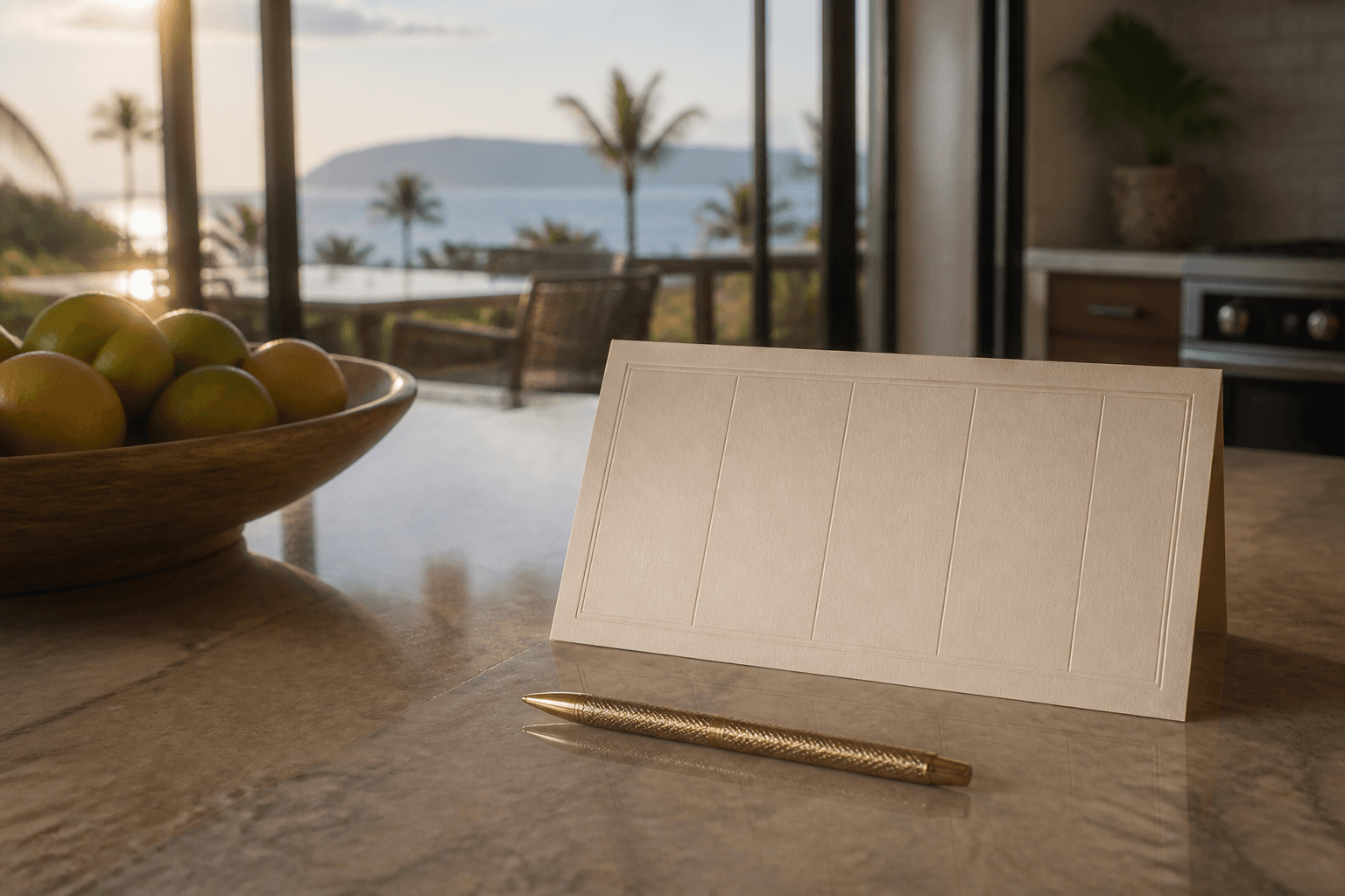 A five-field hire card on a Wailea kitchen island in late afternoon, Molokini faint beyond the lānai.