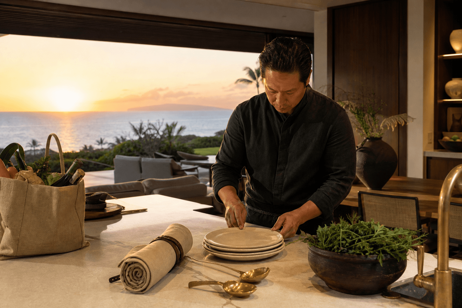 Grocery tote, ivory plates, and sand linen on a Wailea villa counter at west sunset.