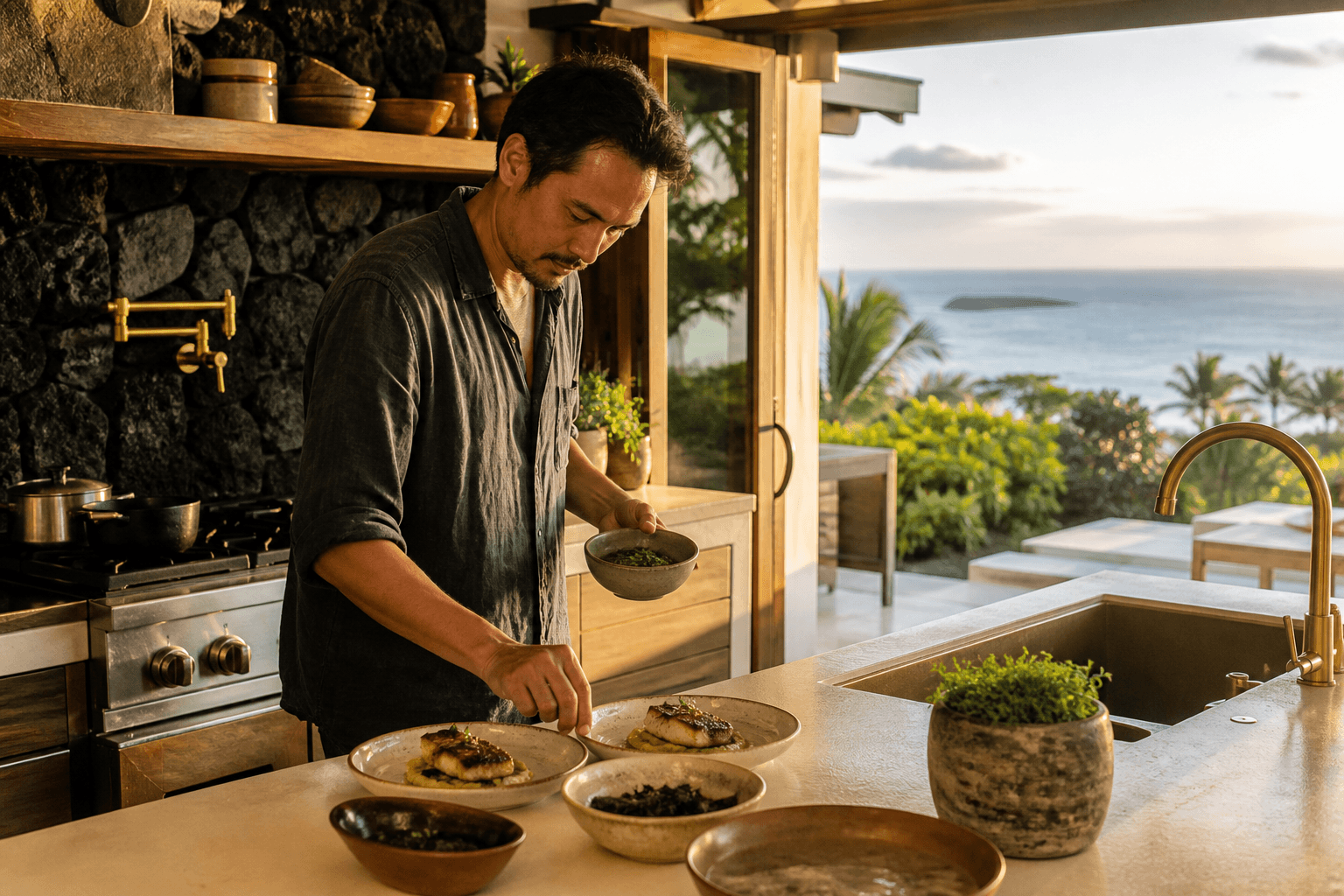 A chef plating at a Wailea villa cooktop, volcanic-stone backsplash, Pacific at west sunset.