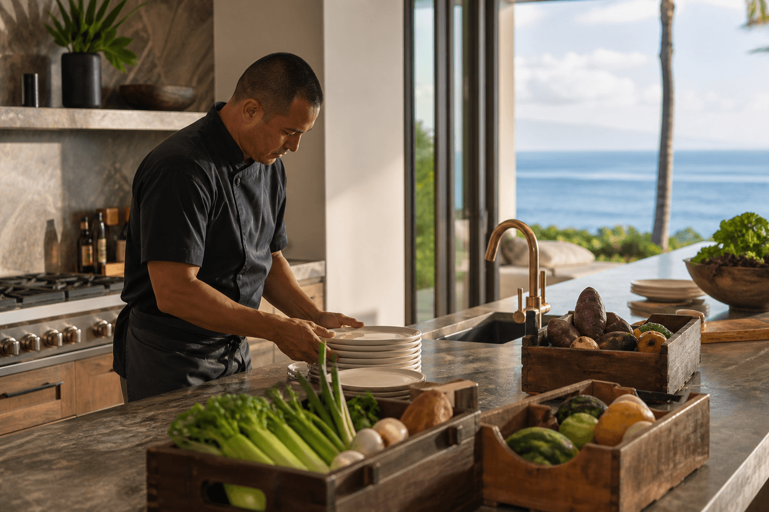 A chef stacking unused ivory plates beside unmarked produce crates in a Wailea kitchen, Pacific through the sliders.