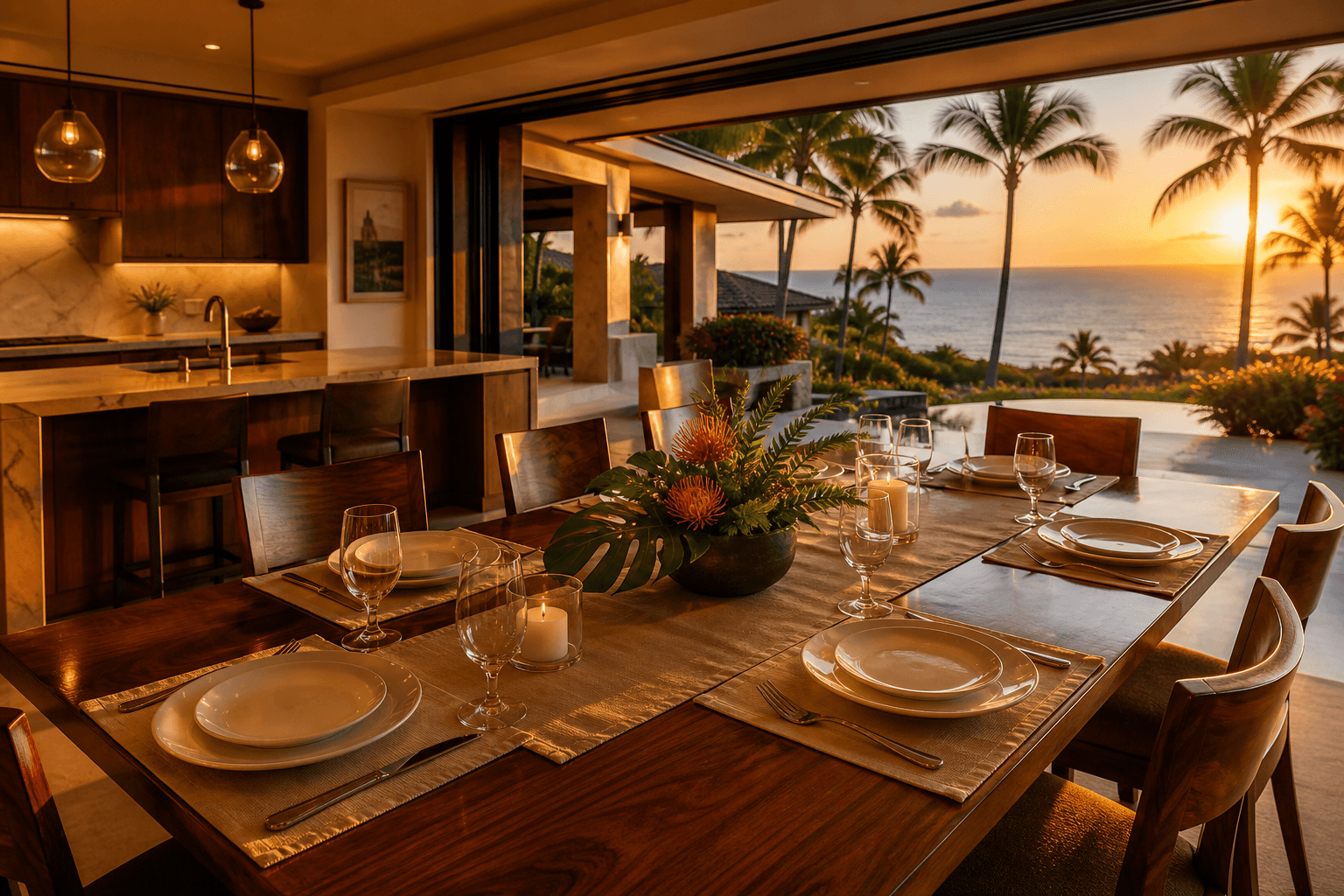 A Wailea villa dining table at west sunset, empty ivory plates, house kitchen beyond.