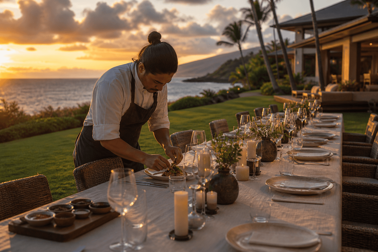 A chef plating a seated dinner on a Wailea ocean lawn at west sunset, unused extra ivory settings, Pacific beyond.