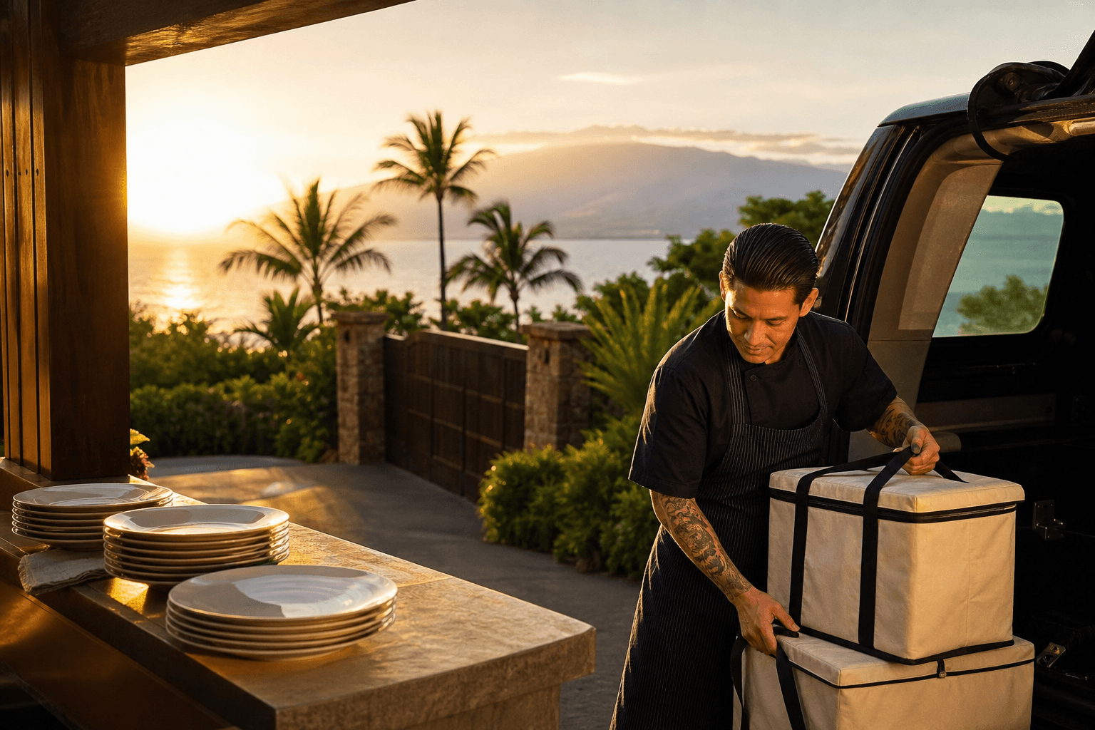 A chef loading stacked canvas coolers beside a Wailea gate at west sunset, unused ivory plates, mountains inland.