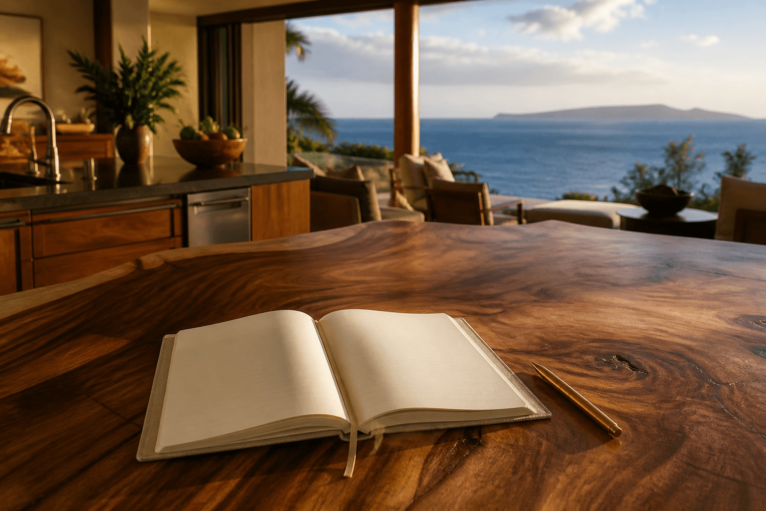 An open cloth-bound journal on a Wailea kitchen island in late afternoon, Molokini faint beyond the lānai.