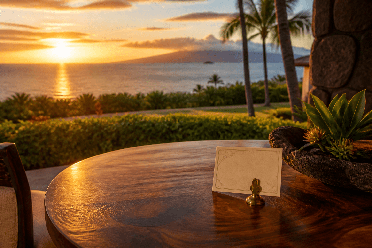A Wailea lānai table with a small shore-map card, brass clip, Molokini faint at west sunset.