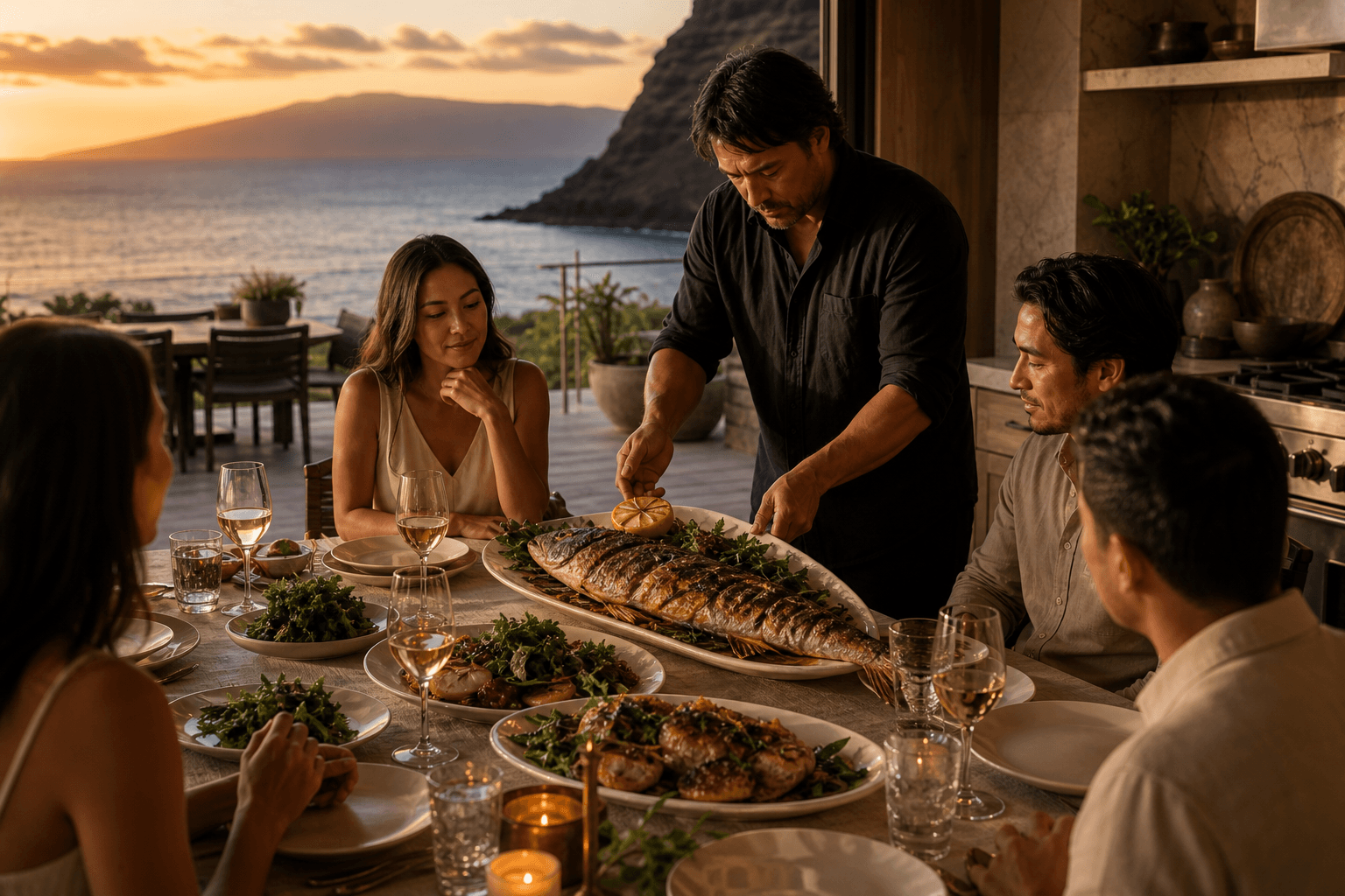 A Kāʻanapali deck dinner with family-style fish, west Maui sunset.