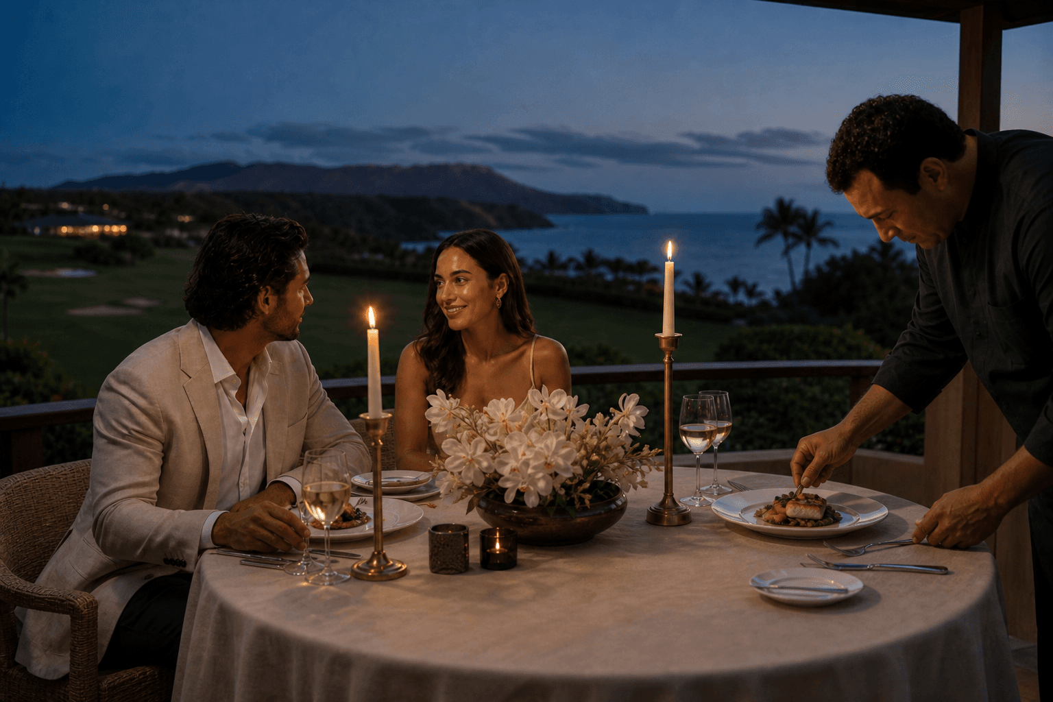 Dinner for two on a Kapalua lānai at blue hour.