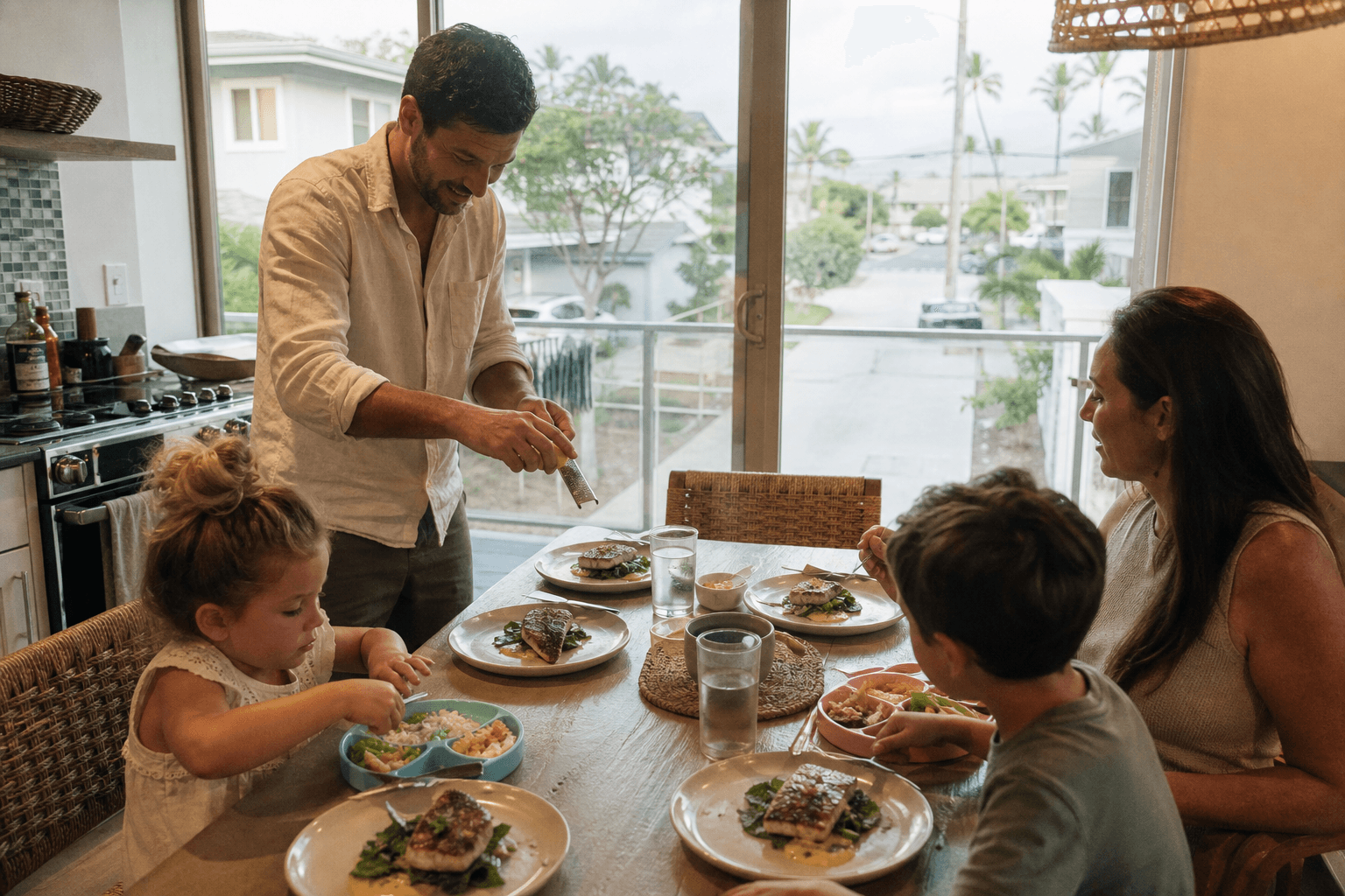 A Kihei vacation-home table: seared fish for the adults, kids’ plates beside, South Maui residences through the sliders.