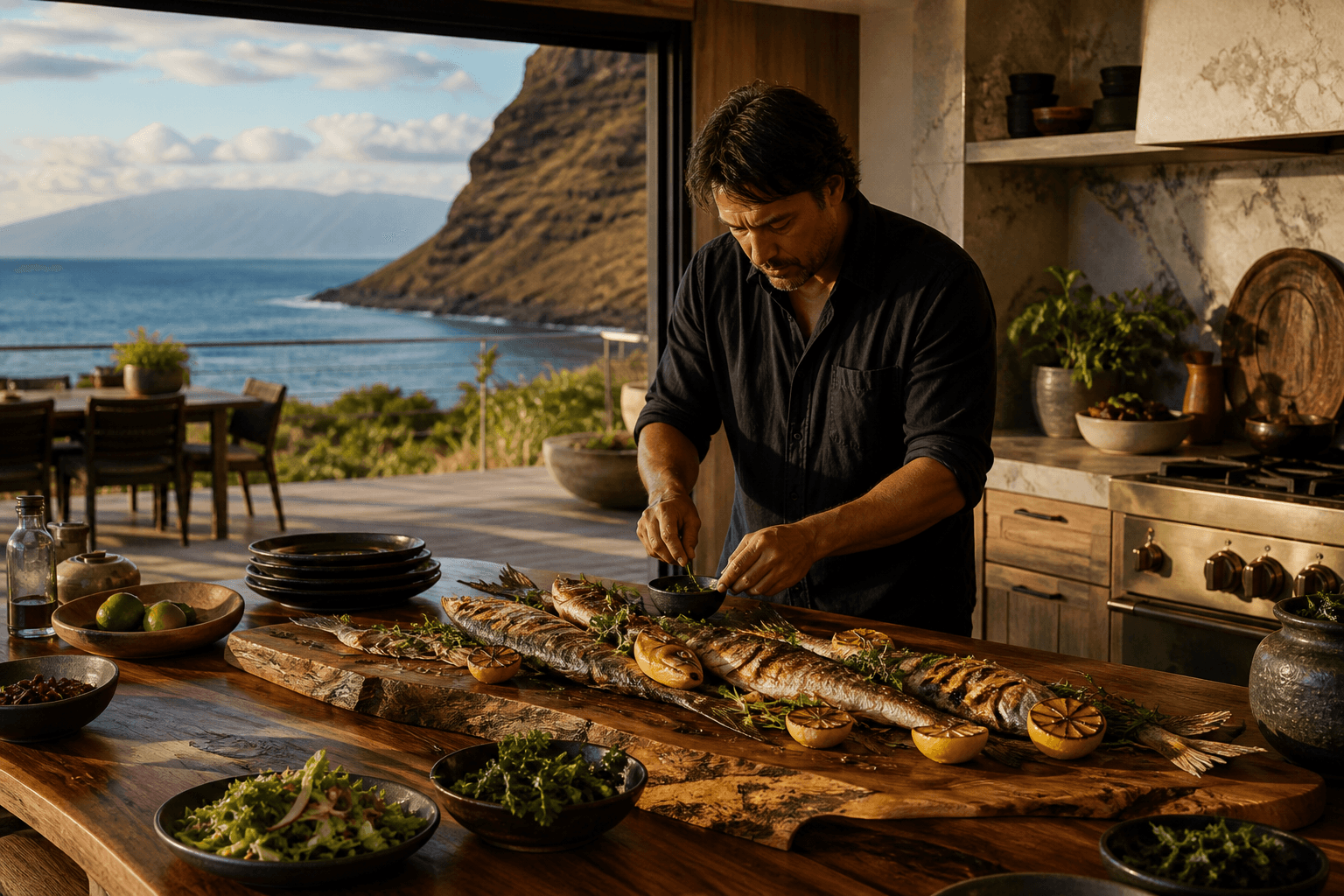 West Maui villa kitchen opening to a deck — family-style grilled fish, volcanic headland and Lānaʻi across the channel.