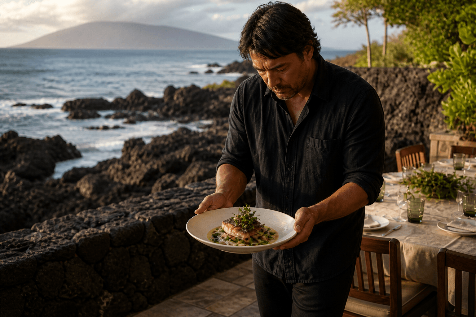 A chef carrying a plated course across a Makena lava terrace.