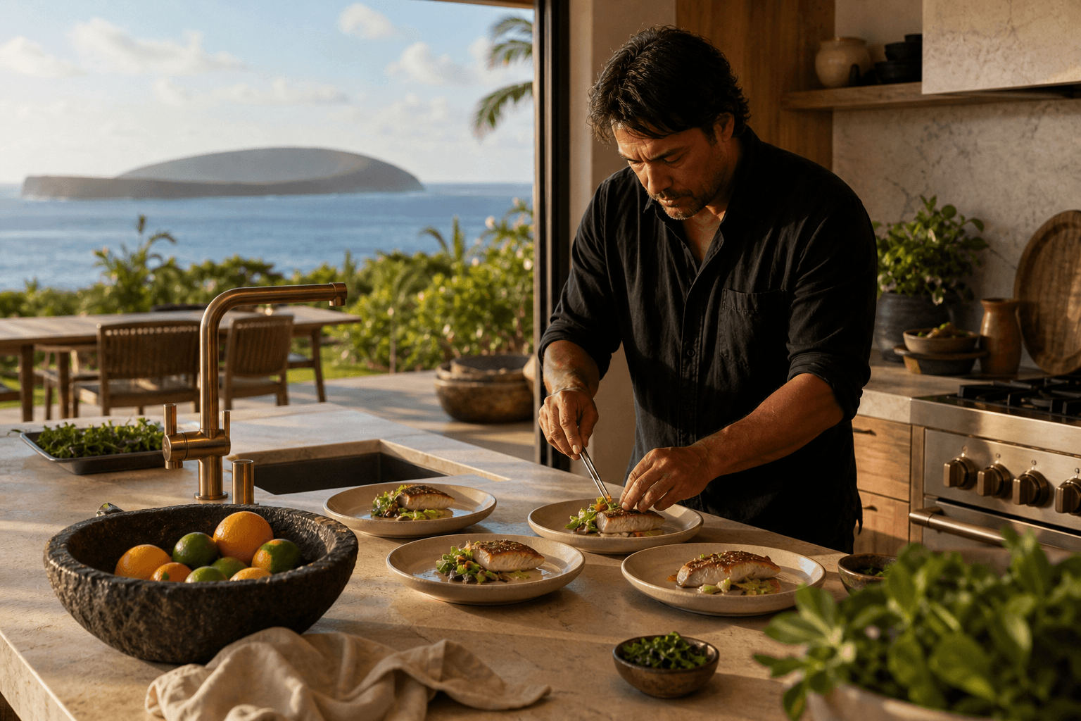 Morning tasting plates in a Wailea open kitchen, Molokini faintly through the window.