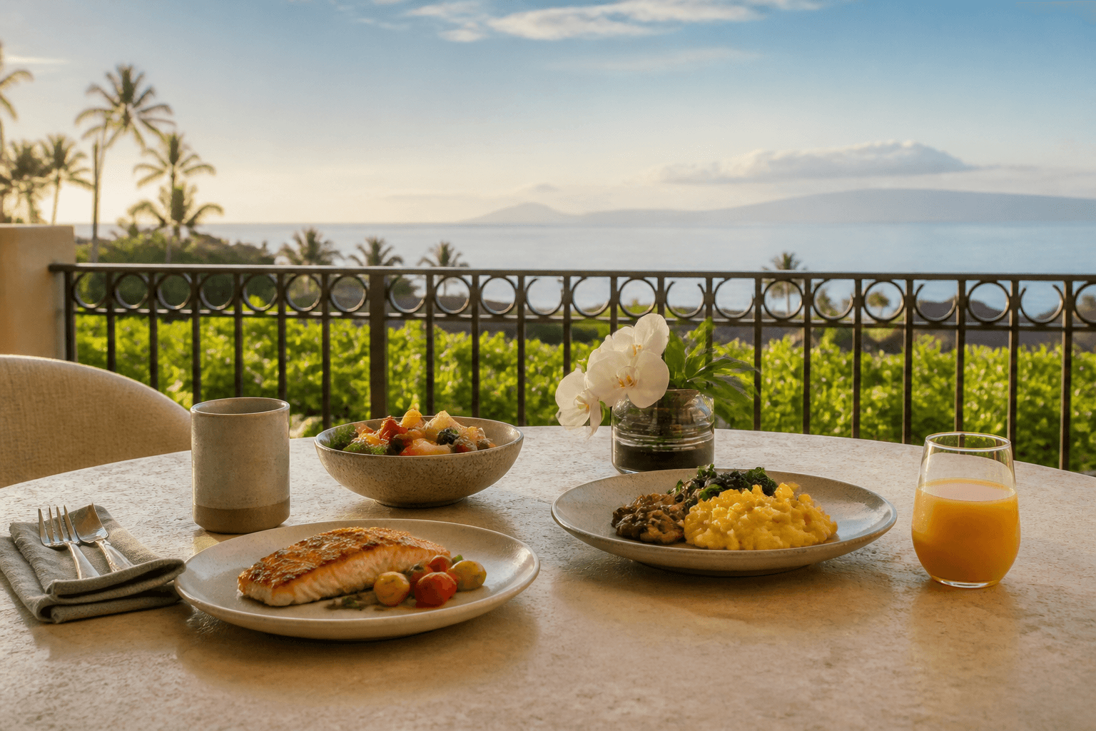 Breakfast on a Wailea lānai — eggs, fruit, grilled fish, Molokini faint.