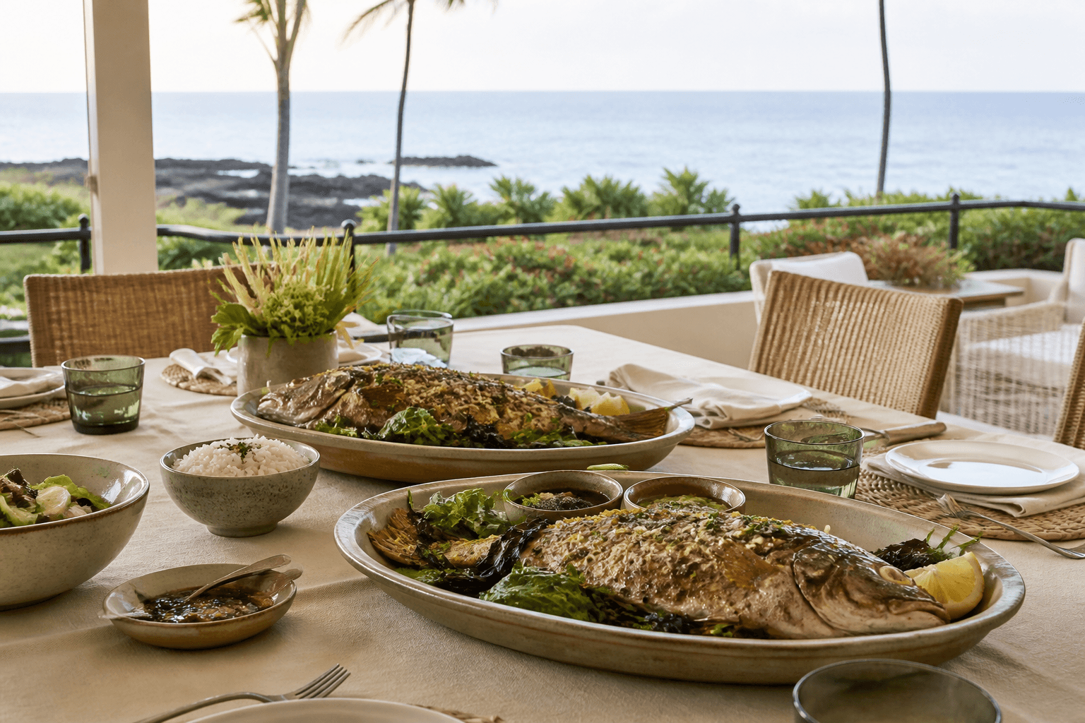 Shared family-style fish platters on a Wailea lānai table, Pacific beyond.
