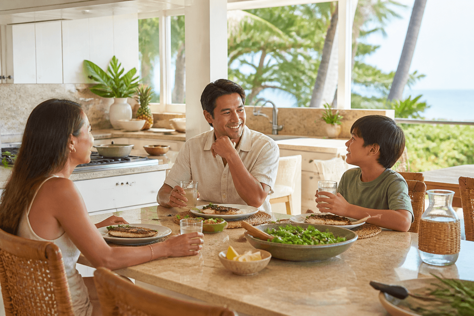 Midday lunch in a Kīhei vacation-home kitchen — grilled fish, south Maui light.