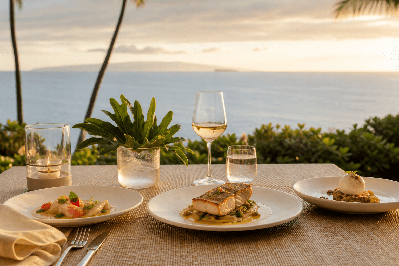 Three plated courses on a Wailea dining table — crudo, grilled fish, dessert, Molokini faint.