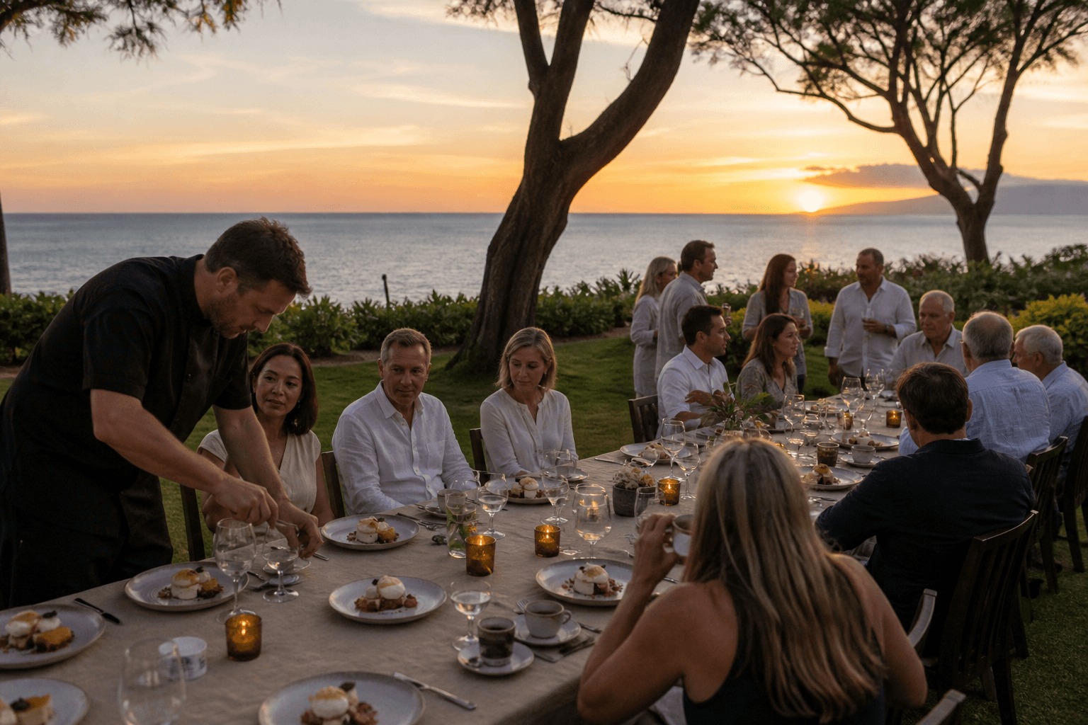 A Wailea lawn birthday — dessert course on a long table, a small staffed list, Pacific.