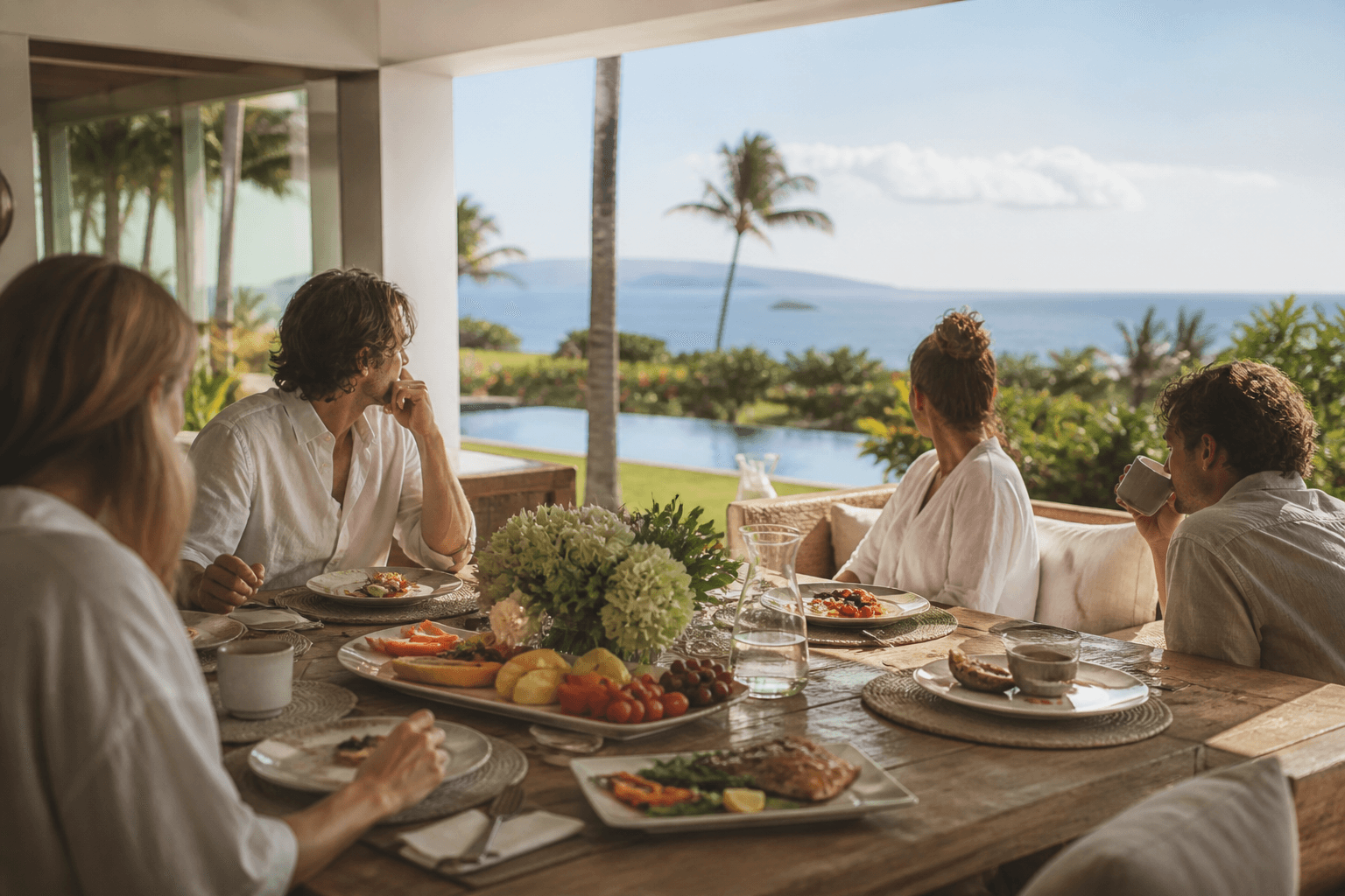 Recovery brunch on a Wailea lānai — coffee, fruit, grilled fish, Molokini faint.
