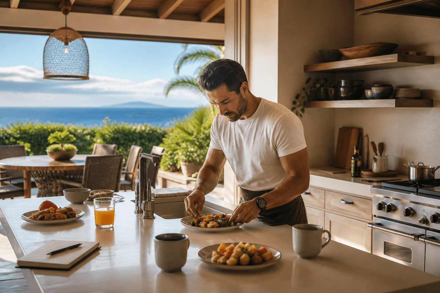 A Wailea open-kitchen offsite — breakfast plates, Molokini faint, not a banquet.