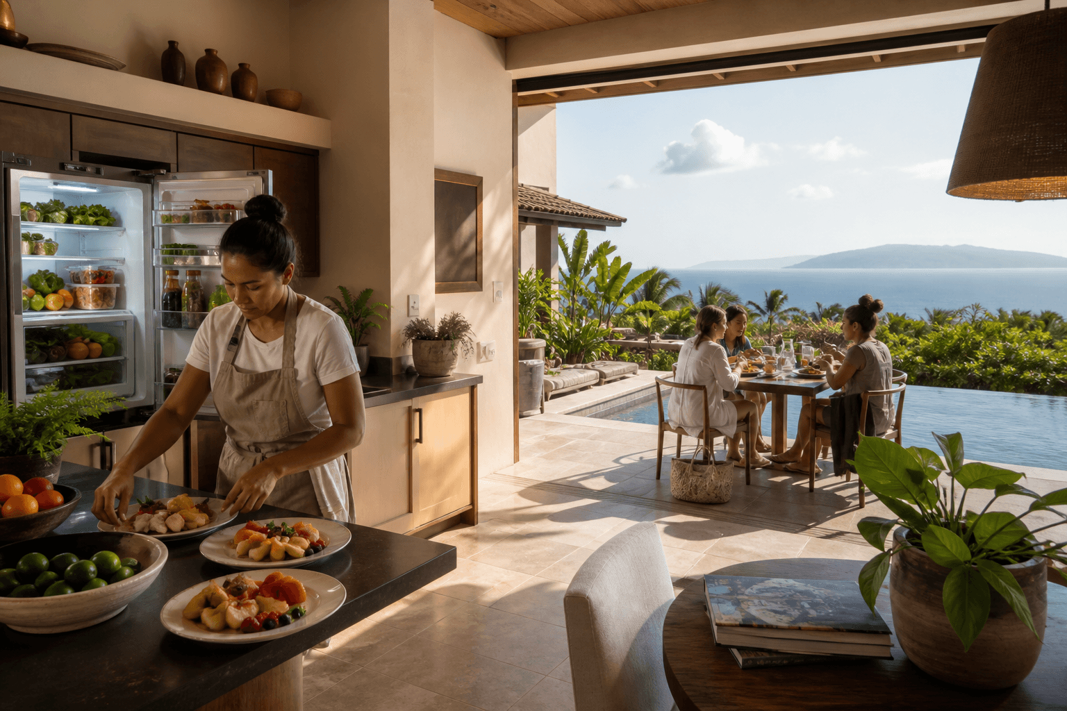 A Wailea retreat morning — stocked fridge, breakfast plates, a small table by the pool.