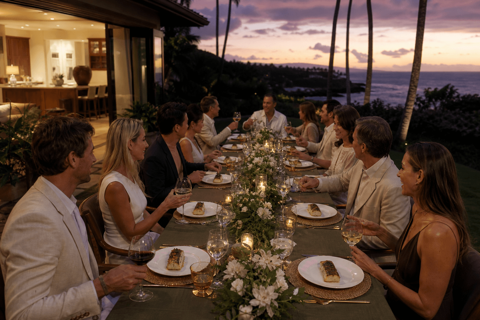 A Wailea lawn villa party at dusk — identical plated fish, a small staffed list.